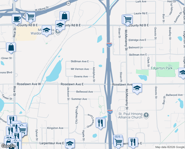 map of restaurants, bars, coffee shops, grocery stores, and more near 184 Downs Avenue in Saint Paul