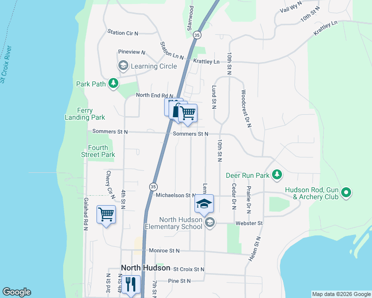 map of restaurants, bars, coffee shops, grocery stores, and more near 640 7th Street North in Hudson