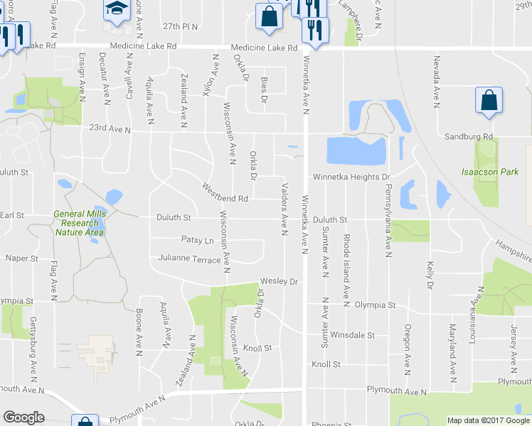 map of restaurants, bars, coffee shops, grocery stores, and more near 8100 Duluth Street in Minneapolis