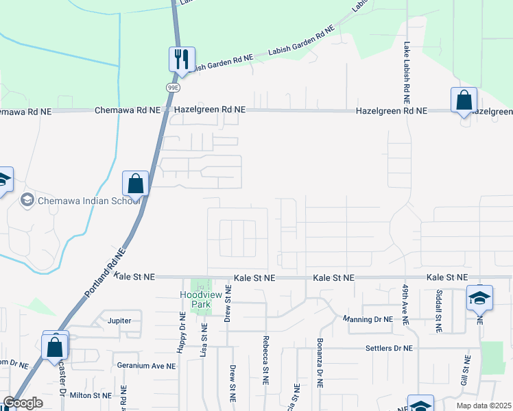 map of restaurants, bars, coffee shops, grocery stores, and more near 5110 Copper Creek Loop Northeast in Salem