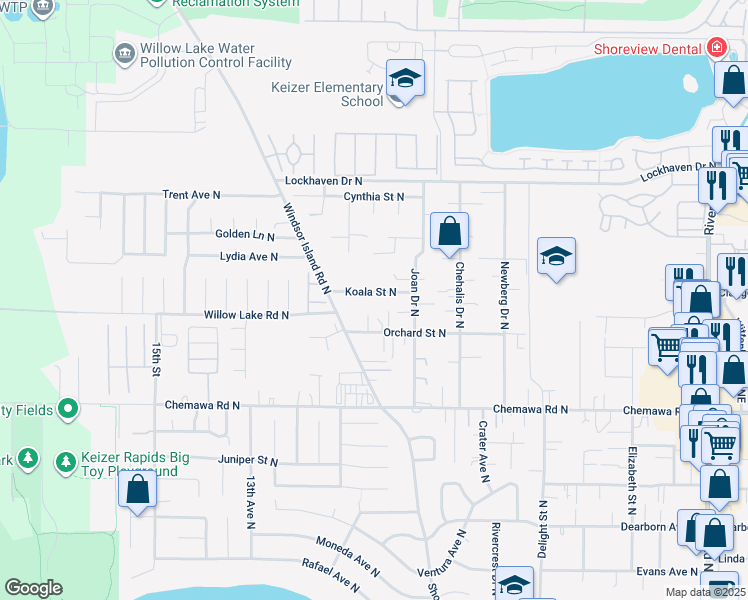 map of restaurants, bars, coffee shops, grocery stores, and more near 937 Orchard Street North in Keizer