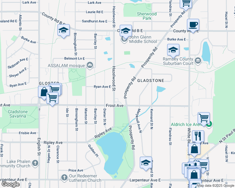 map of restaurants, bars, coffee shops, grocery stores, and more near in Maplewood