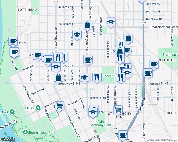 map of restaurants, bars, coffee shops, grocery stores, and more near 1202 Adams Street Northeast in Minneapolis