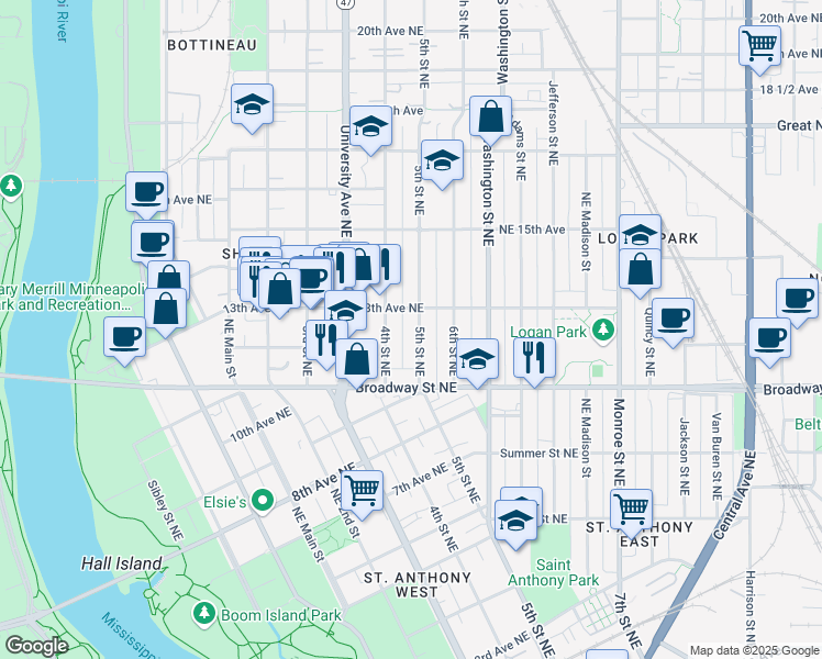 map of restaurants, bars, coffee shops, grocery stores, and more near 1209 4th Street Northeast in Minneapolis