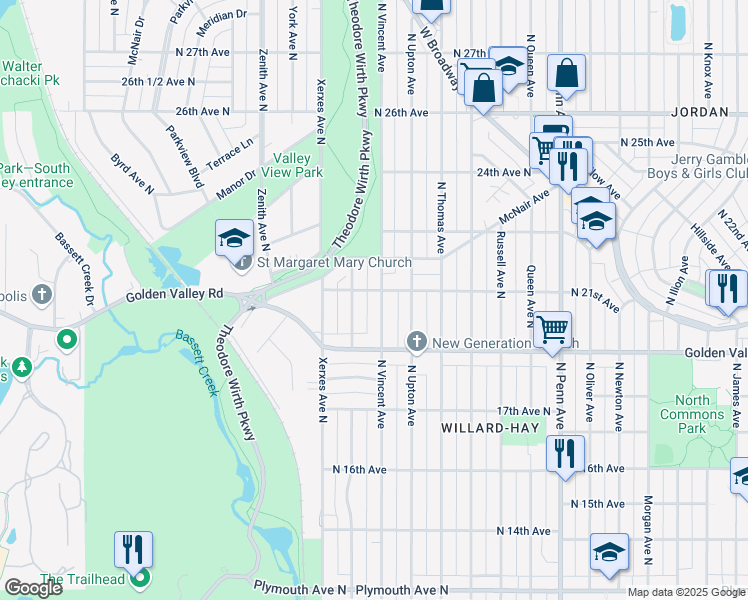 map of restaurants, bars, coffee shops, grocery stores, and more near 2005 North Vincent Avenue in Minneapolis