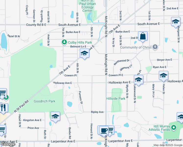 map of restaurants, bars, coffee shops, grocery stores, and more near 2194 Cowern Place East in North Saint Paul