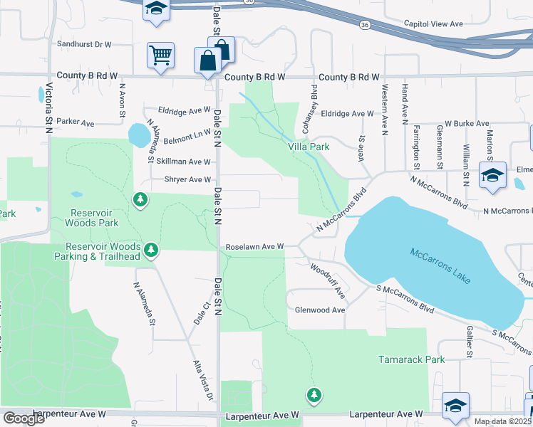 map of restaurants, bars, coffee shops, grocery stores, and more near 558 West Ryan Avenue in Roseville