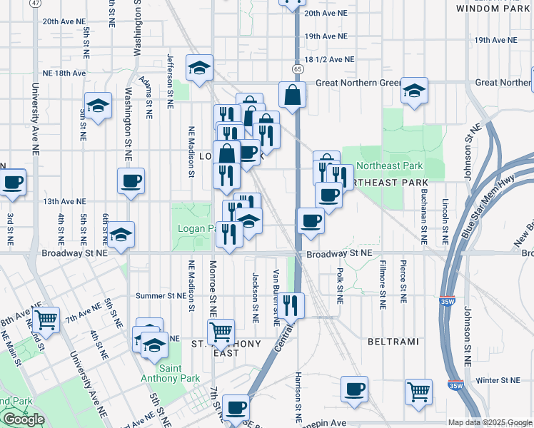 map of restaurants, bars, coffee shops, grocery stores, and more near 800-898 12th Ave NE in Minneapolis