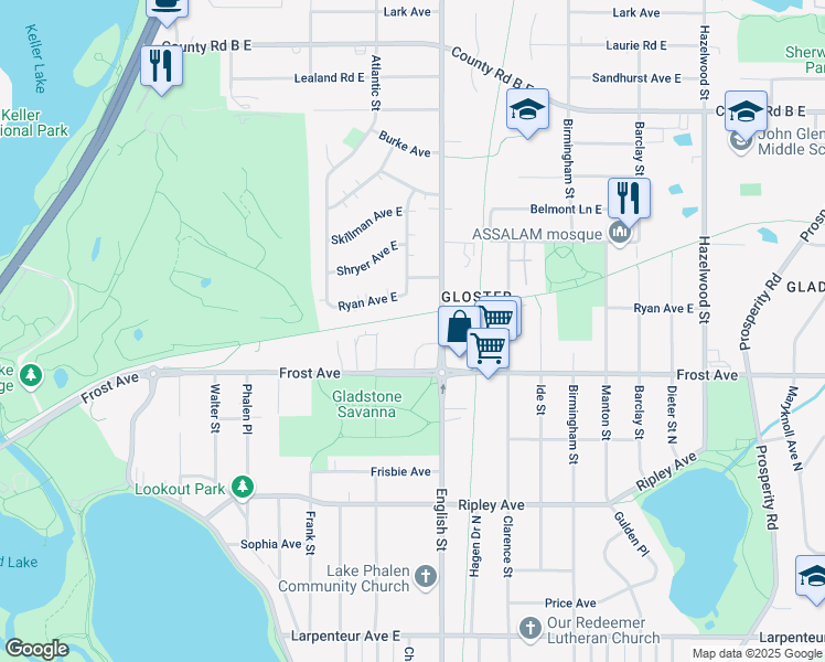 map of restaurants, bars, coffee shops, grocery stores, and more near 1957 English Street in Maplewood