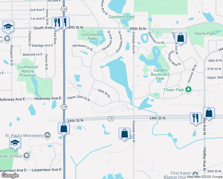 map of restaurants, bars, coffee shops, grocery stores, and more near 3540 Gershwin Avenue North in Oakdale