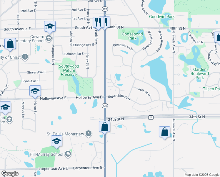 map of restaurants, bars, coffee shops, grocery stores, and more near 3532 Genevieve Avenue North in Oakdale