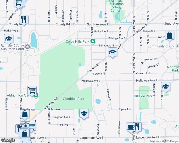 map of restaurants, bars, coffee shops, grocery stores, and more near 2050 7th Avenue East in North Saint Paul