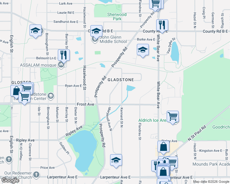map of restaurants, bars, coffee shops, grocery stores, and more near 1950 Maryknoll Avenue North in Saint Paul
