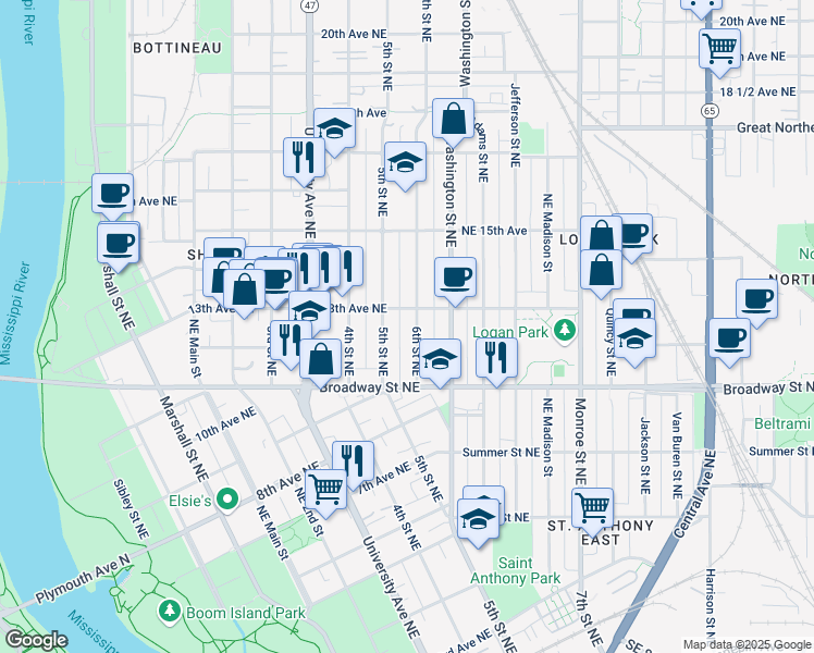 map of restaurants, bars, coffee shops, grocery stores, and more near 1206 6th Street Northeast in Minneapolis
