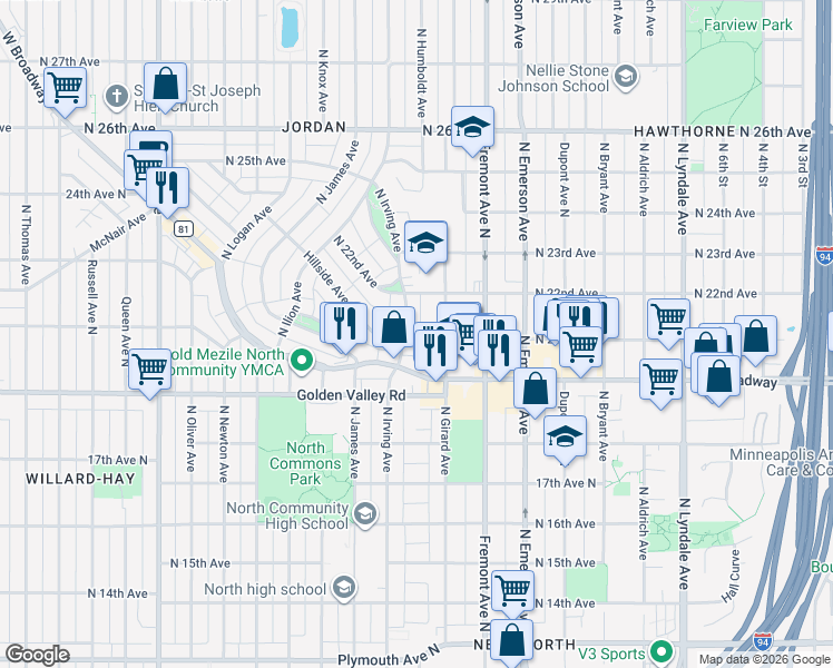 map of restaurants, bars, coffee shops, grocery stores, and more near 1409 North 21st Avenue in Minneapolis