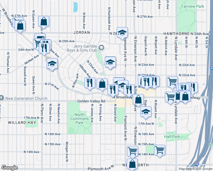 map of restaurants, bars, coffee shops, grocery stores, and more near 1409 North 21st Avenue in Minneapolis