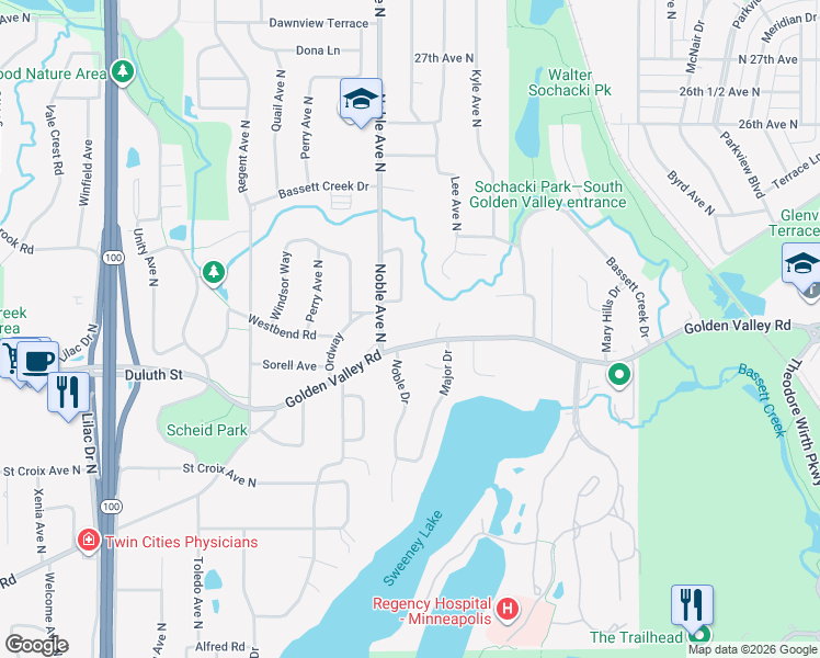 map of restaurants, bars, coffee shops, grocery stores, and more near 1930 Noble Drive North in Golden Valley