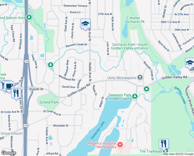 map of restaurants, bars, coffee shops, grocery stores, and more near 1930 Noble Drive North in Golden Valley