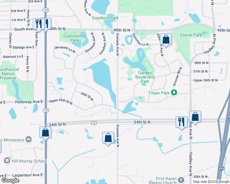 map of restaurants, bars, coffee shops, grocery stores, and more near 6514 Upper 35th Street North in Saint Paul