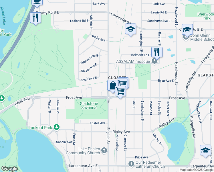 map of restaurants, bars, coffee shops, grocery stores, and more near 1957 English Street in Maplewood