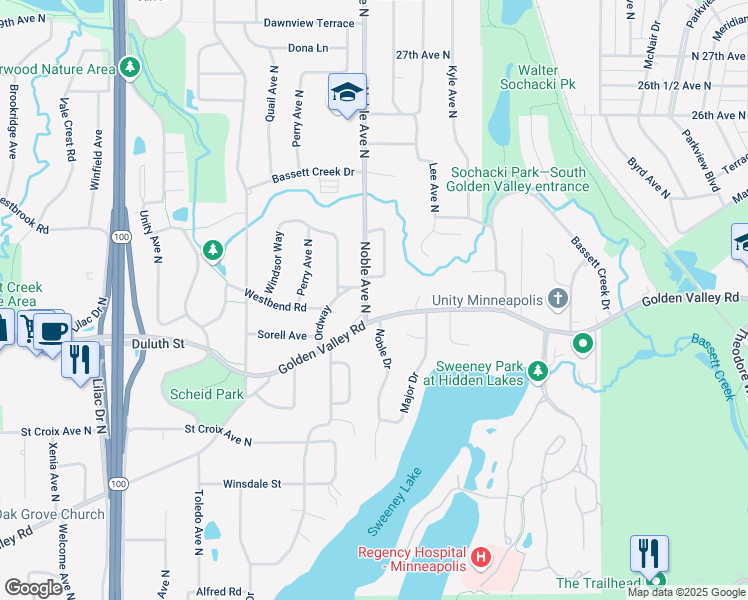 map of restaurants, bars, coffee shops, grocery stores, and more near 2103 Noble Avenue North in Minneapolis