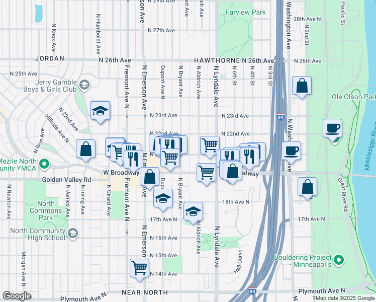 map of restaurants, bars, coffee shops, grocery stores, and more near 816 North 21st Avenue in Minneapolis