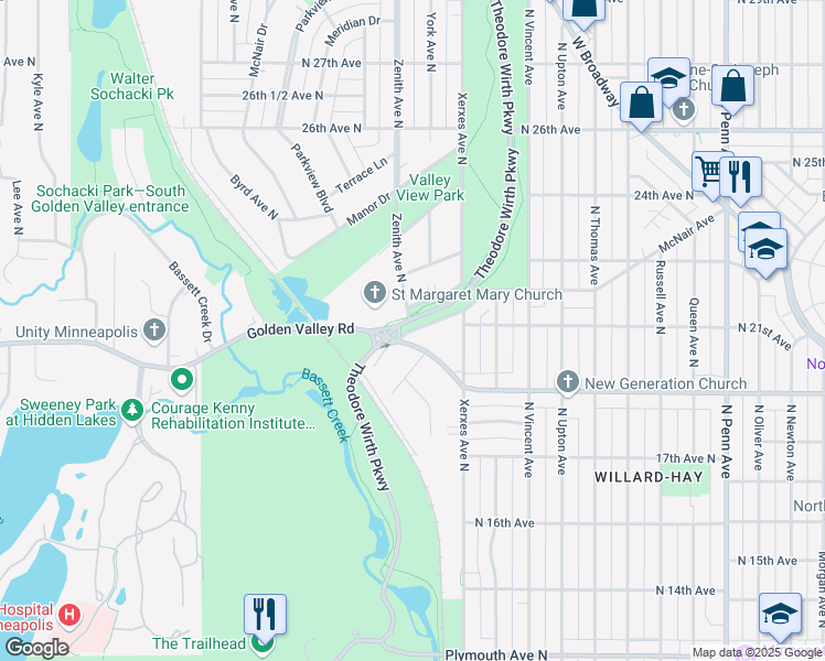 map of restaurants, bars, coffee shops, grocery stores, and more near Glenwood Parkway in Minneapolis