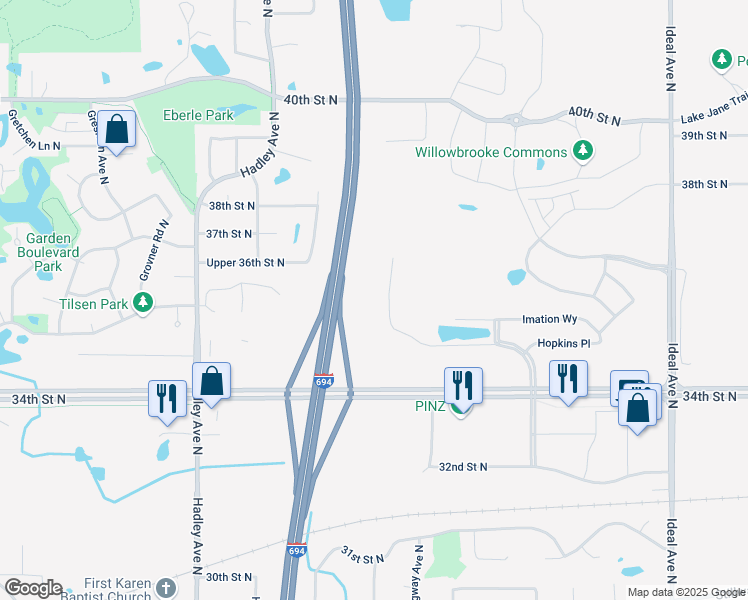 map of restaurants, bars, coffee shops, grocery stores, and more near Interstate 694 in Oakdale
