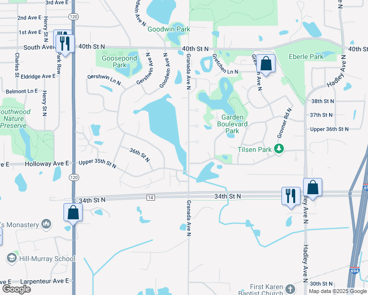 map of restaurants, bars, coffee shops, grocery stores, and more near 6514 Upper 35th Street North in Saint Paul