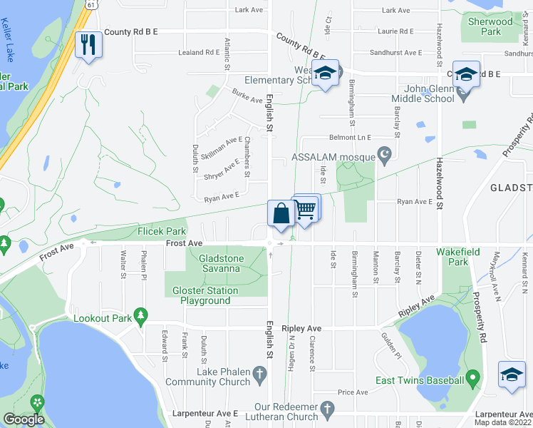 map of restaurants, bars, coffee shops, grocery stores, and more near 1957 English Street in Maplewood