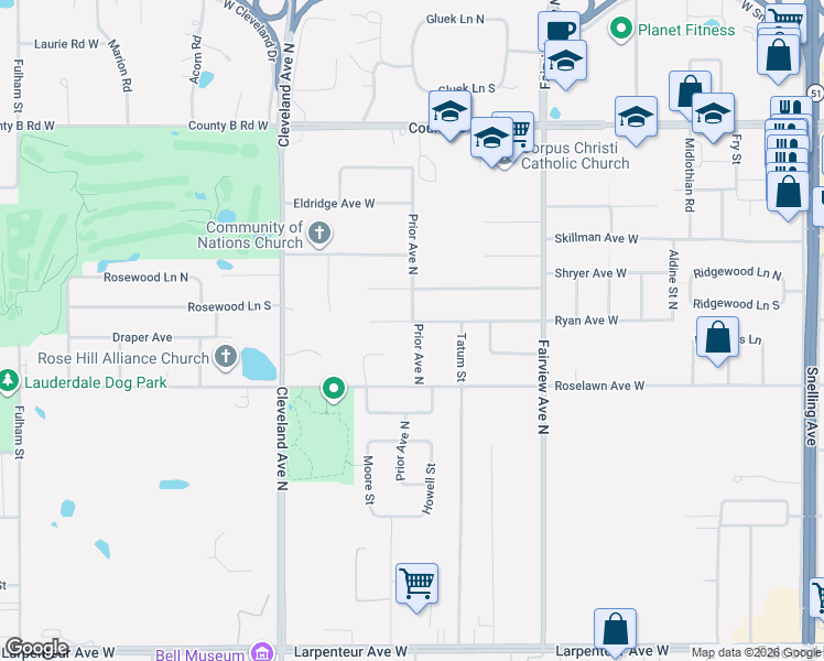map of restaurants, bars, coffee shops, grocery stores, and more near 1958 Prior Avenue North in Roseville