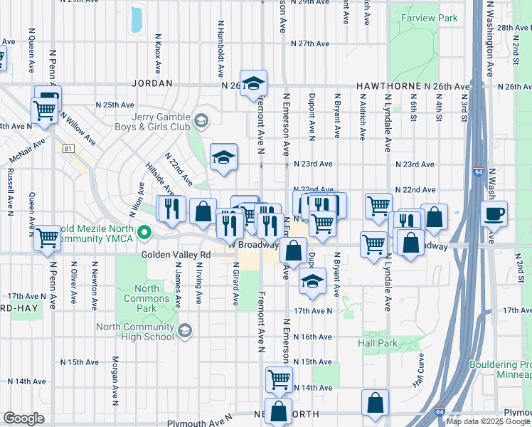 map of restaurants, bars, coffee shops, grocery stores, and more near 2018 North Fremont Avenue in Minneapolis
