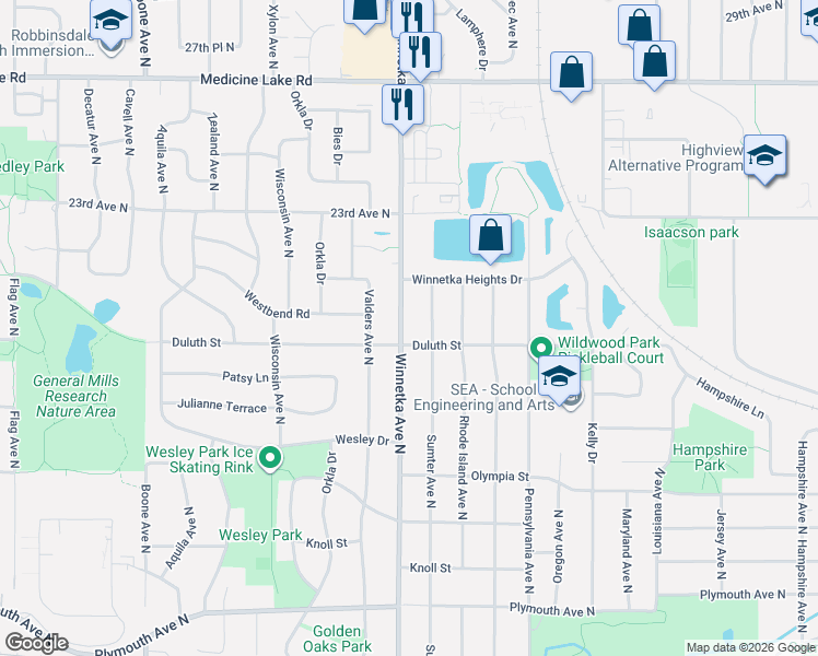 map of restaurants, bars, coffee shops, grocery stores, and more near 1901 Sumter Avenue North in Minneapolis