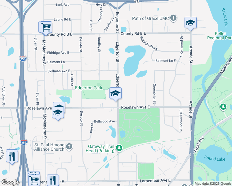 map of restaurants, bars, coffee shops, grocery stores, and more near 1929 Edgerton Street in Saint Paul