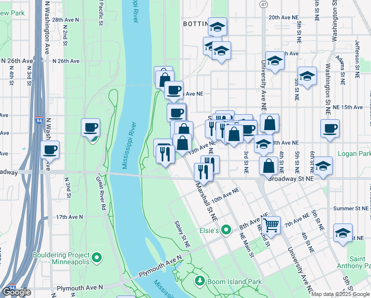 map of restaurants, bars, coffee shops, grocery stores, and more near 1301 Marshall Street Northeast in Minneapolis