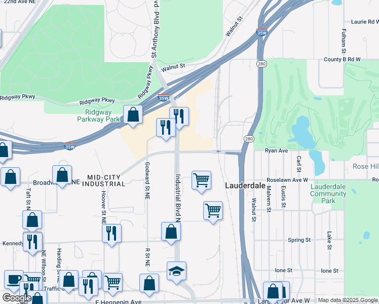 map of restaurants, bars, coffee shops, grocery stores, and more near 3513 Broadway Street Northeast in Minneapolis