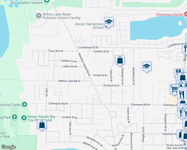 map of restaurants, bars, coffee shops, grocery stores, and more near 5208 Windsor Island Road North in Keizer