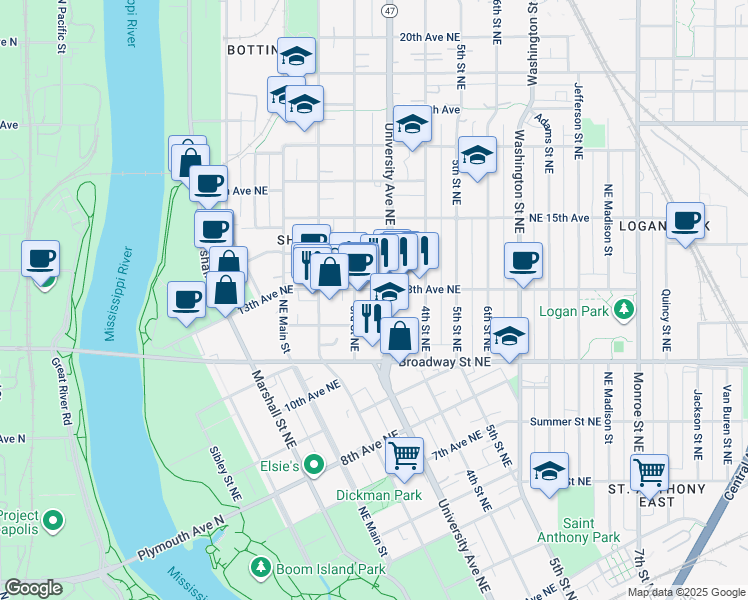 map of restaurants, bars, coffee shops, grocery stores, and more near 311 12th Avenue Northeast in Minneapolis