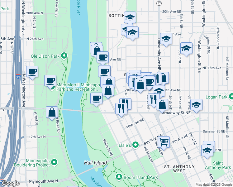 map of restaurants, bars, coffee shops, grocery stores, and more near 1219 Marshall Street Northeast in Minneapolis