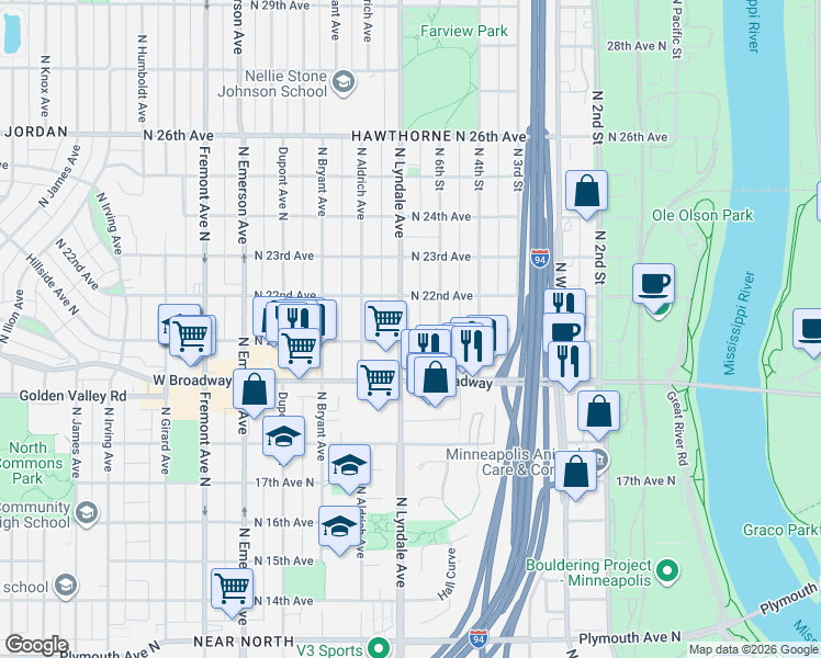 map of restaurants, bars, coffee shops, grocery stores, and more near 2017 North Lyndale Avenue in Minneapolis