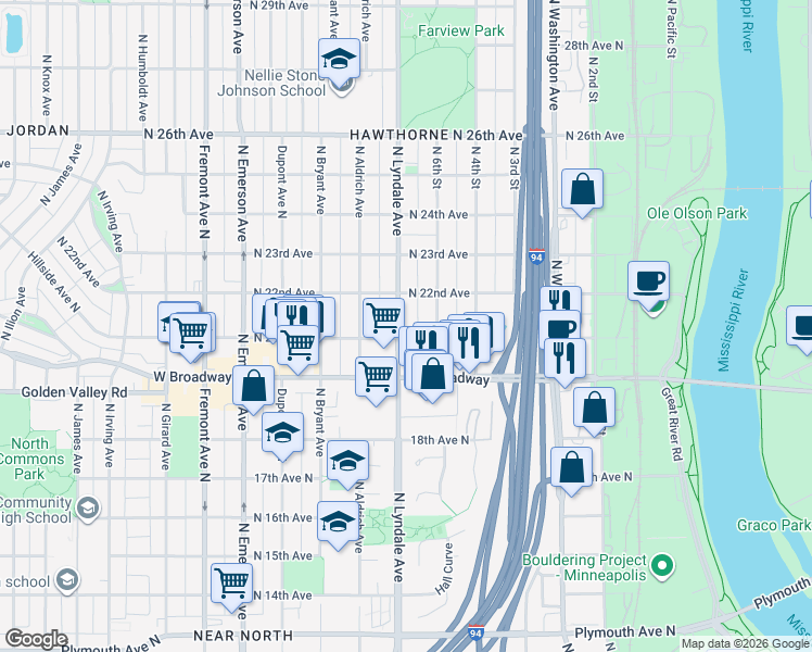 map of restaurants, bars, coffee shops, grocery stores, and more near 2017 North Lyndale Avenue in Minneapolis