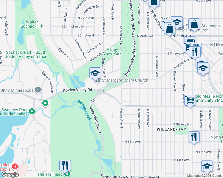 map of restaurants, bars, coffee shops, grocery stores, and more near 3022 Golden Valley Road in Minneapolis