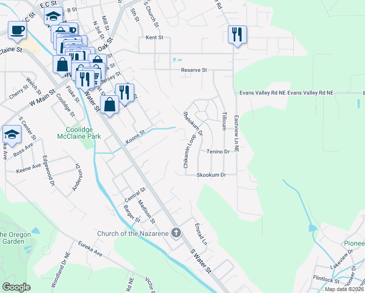 map of restaurants, bars, coffee shops, grocery stores, and more near 835 Chikamin Loop in Silverton