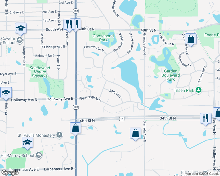 map of restaurants, bars, coffee shops, grocery stores, and more near 6293 36th Street North in Oakdale