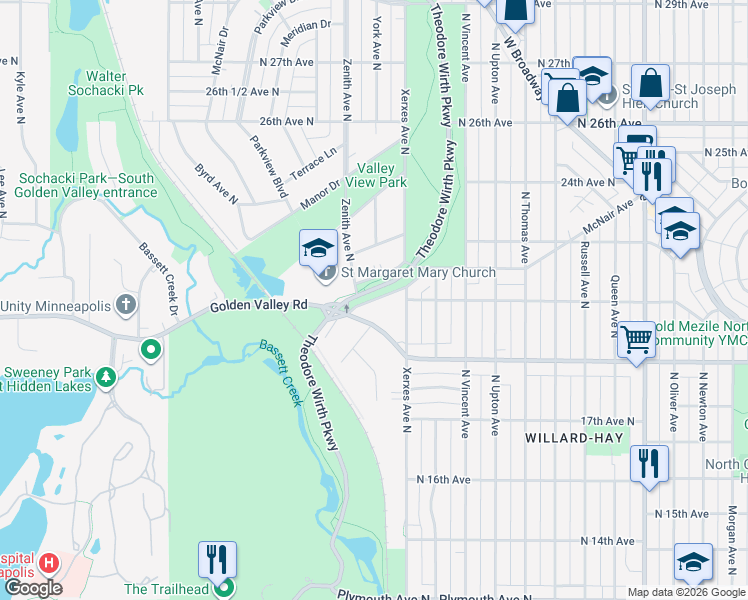 map of restaurants, bars, coffee shops, grocery stores, and more near Glenwood Parkway in Minneapolis