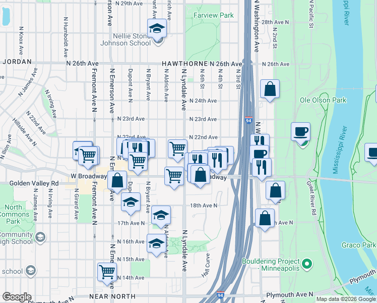 map of restaurants, bars, coffee shops, grocery stores, and more near 2017 North Lyndale Avenue in Minneapolis