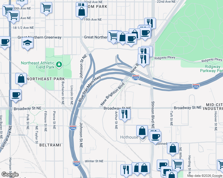 map of restaurants, bars, coffee shops, grocery stores, and more near 1101-1327 New Brighton Boulevard in Minneapolis