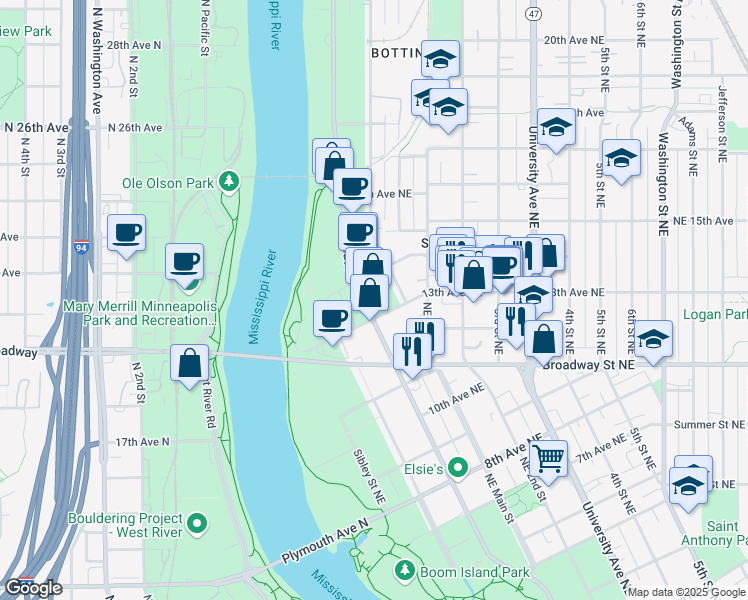 map of restaurants, bars, coffee shops, grocery stores, and more near 1224 County Road 23 in Minneapolis