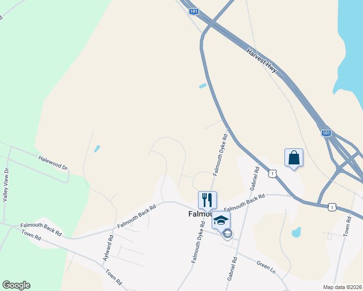 map of restaurants, bars, coffee shops, grocery stores, and more near Thistle Street in Falmouth