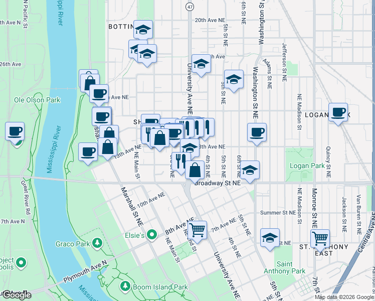 map of restaurants, bars, coffee shops, grocery stores, and more near 311 12th Avenue Northeast in Minneapolis
